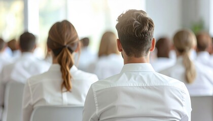 A group of employees attending a corporate seminar or training session in a bright modern conference room