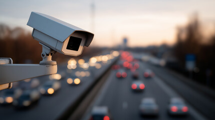 Fototapeta premium Surveillance camera monitoring traffic on a busy highway during twilight. 
