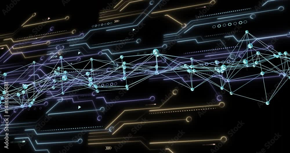 Poster network mesh showing glowing cyan nodes linking shifting lines in space, rendering in 3d style