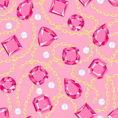 Golden chains and pink gems. Background with diamond and sapphire crystals. Seamless pattern with jewels. Vector cartoon flat illustration.