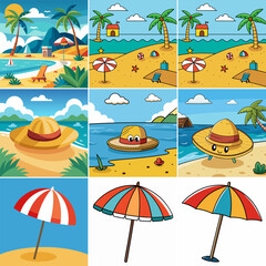 Nine Colorful Beach Scenes with Hats and Umbrellas for Kids