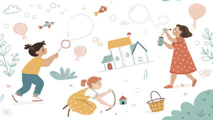 Seamless pattern featuring children playfully interacting with various toys.