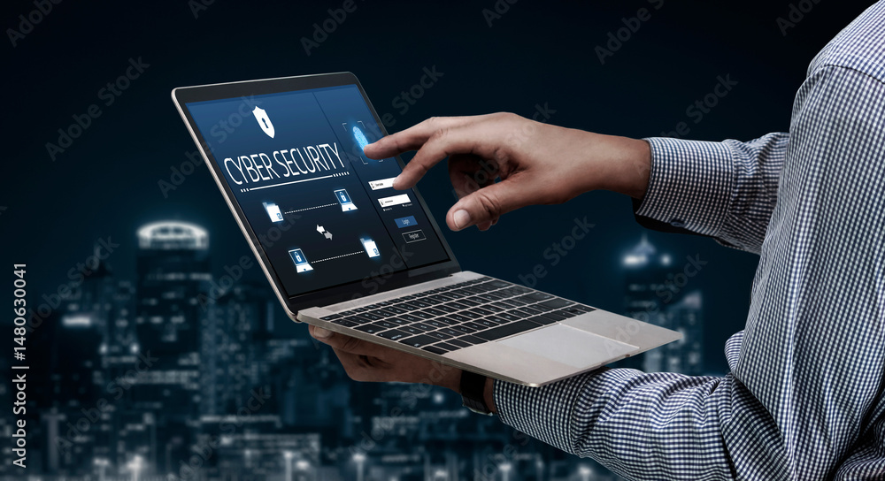 Poster cyber security system on computer screen protect private information snugly from hacker and cyber at