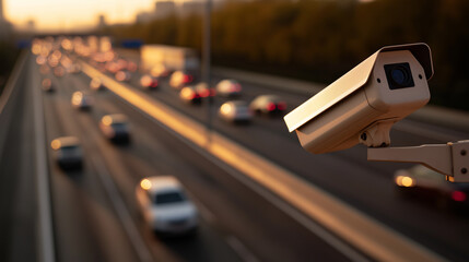 Surveillance camera overlooking a busy highway with cars in motion during sunset.
