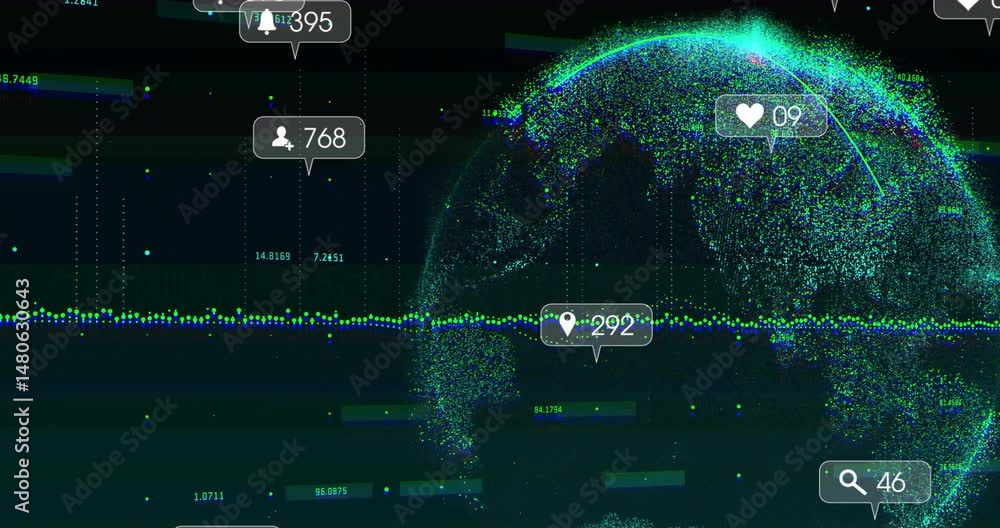 Poster rotating globe forming with green and blue dots, displaying floating notification icons