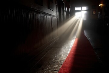 Riga, Latvia 2025-04-25 A red carpeted hallway with a light coming through the door