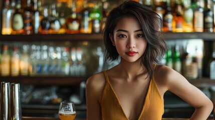 Female Publican Owns. BarTender working in Public house, looking at camera. Startup successful small business owner. Drinks Business. Small and Medium Enterprises concept.