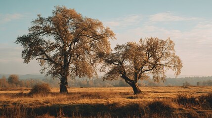 Fototapeta premium Serene Landscape with Two Trees in a Field
