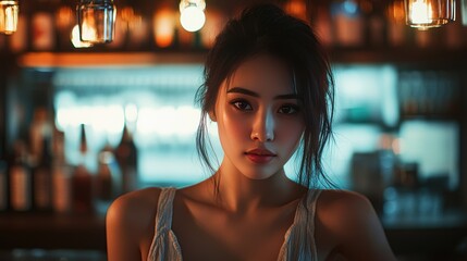 Female Publican Owns. BarTender working in Public house, looking at camera. Startup successful small business owner. Drinks Business. Small and Medium Enterprises concept.