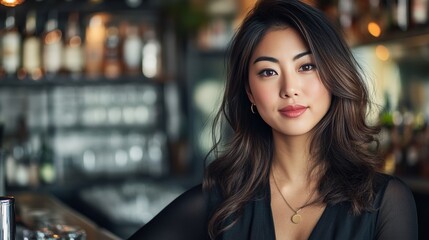 Female Publican Owns. BarTender working in Public house, looking at camera. Startup successful small business owner. Drinks Business. Small and Medium Enterprises concept.
