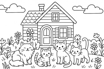 cozy house with cats illustration, black and white printable coloring page