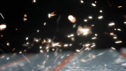 Electrical short circuit generating intense sparks and thick smoke, spreading across checkered surface and revealing potential safety hazard with dangerous electrical malfunction