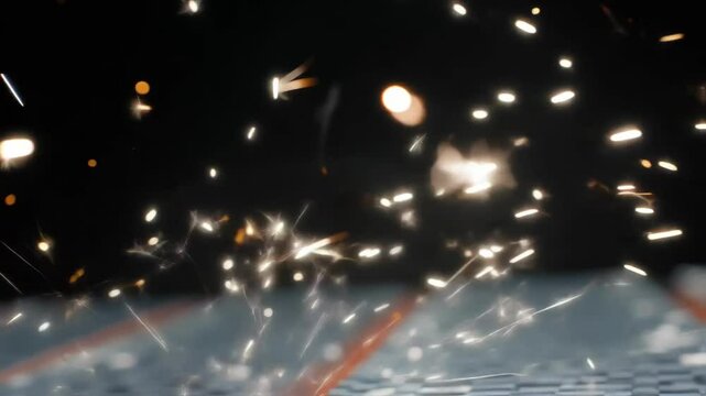 Electrical short circuit generating intense sparks and thick smoke, spreading across checkered surface and revealing potential safety hazard with dangerous electrical malfunction