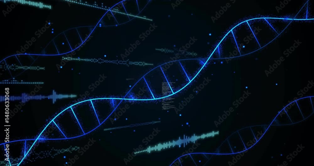 Poster neon blue dna helix glowing and twisting across dark void, showing code fragments