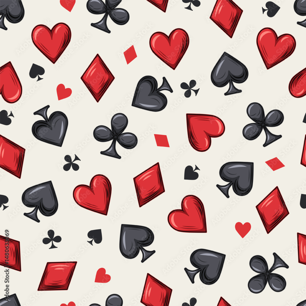 Poster seamless pattern with randomly scattered card suits icons on white background. small and big symbols