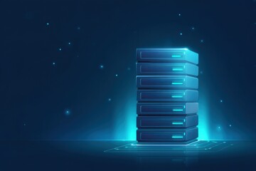 Server rack emitting blue light in stylized data center illustration