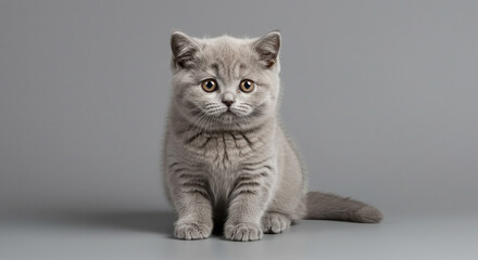 A cute british shorthair kitten sitting upright on a gray surface looking directly at the camera lens