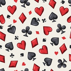 Seamless pattern with randomly scattered card suits icons on white background. Small and big symbols of hearts, clubs, spades, diamonds. Gambling, casino theme.