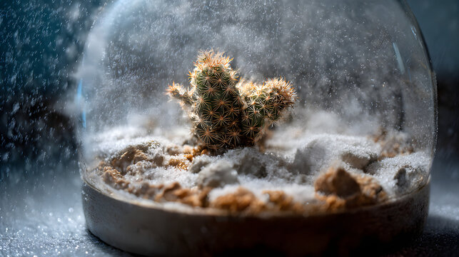 Miniature Snowstorm Terrarium Winter Wonderland Confined Blizzard Glass Dome Serene Scene Shifting Snowflakes Delicate Ecosystem Environmental Paradox Winter Art
