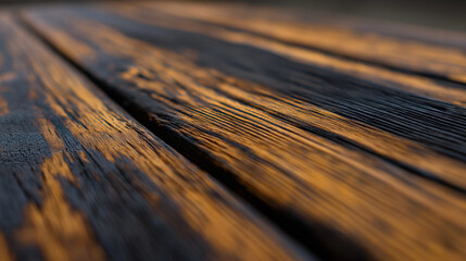 Fototapeta premium Close-up of charred wooden planks with a rich, textured surface and visible knots. 