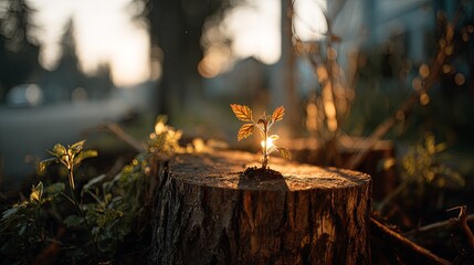 Small Plant Growing on Tree Stump