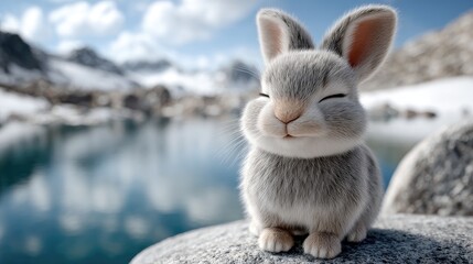 Cute fluffy rabbit sits peacefully on a stone, meditating amid falling snow in a stunning arctic setting featuring mountains and ocean