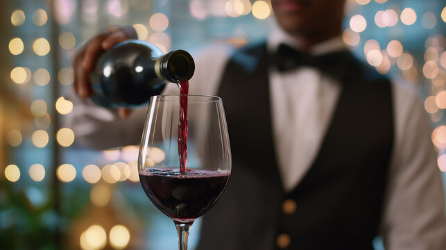 Waiter in formal attire pouring red wine into a glass with warm bokeh lights in the background.
- Powered by Adobe