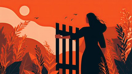 Serene woman standing in nature with bird flying overhead