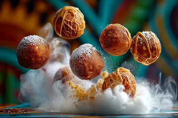 Golden Nigerian puff-puff doughnuts are suspended mid-air, tossed in a cloud of icing sugar. Colorful afrobeat mural enhances the joyful atmosphere