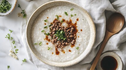 Flat lay of congee with ground pork, ginger, and soy sauce drizzle, on a linen placemat with a wooden spoon