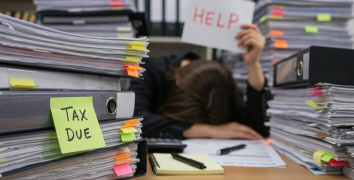 "Tax Due" sticky note on folders, blurred backdrop with tired employee buried under paperwork with help sign, burnout, deadline stress, lack of balance in tax season, workplace exhaustion, overload