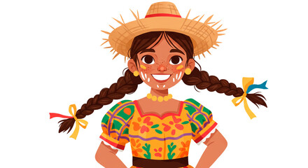 Festive girl with braids and a straw hat, painted face for celebration, colorful folkloric costume, joyful culture