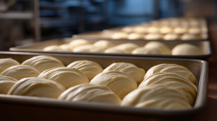 Rows of freshly prepared dough balls resting in a bakery kitchen before baking.
