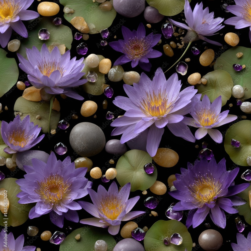 Poster delicate lotus flowers in purple and silver paired with shimmering amethyst gems create a striking s