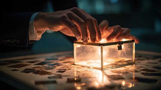 Close-up of Hand Touching Small Square Object - Technology Concept