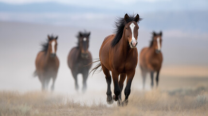 Obraz premium Wild brown horses galloping across an open field with motion blur effect. 