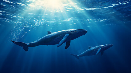 Fototapeta premium Blue whale swims in the ocean background giant blue whale is swimming in the ocean banner Humpback Whale playing underwater wallpaper