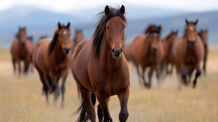 Obraz premium Wild brown horses galloping across an open field with motion blur effect. 