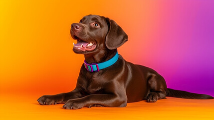 Happy Chocolate Labrador Puppy on Vibrant Orange and Purple Background