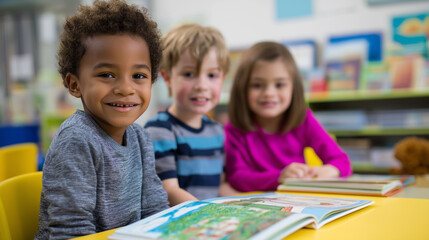 Smiling children sitting at a table in a classroom reading picture books.
