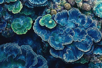 Vibrant underwater scene with diverse coral formations in teal and blue hues