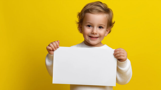 Smiling child in white shirt holding a blank white sign against a bright yellow background.
