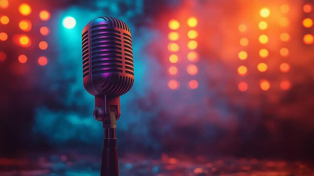Vintage microphone on colorful stage with bokeh lights and smoke for karaoke video intros, music promotions, live concert footage, and retro performance backdrops