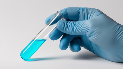 Gloved hand holding a test tube filled with blue liquid in a laboratory setting.
