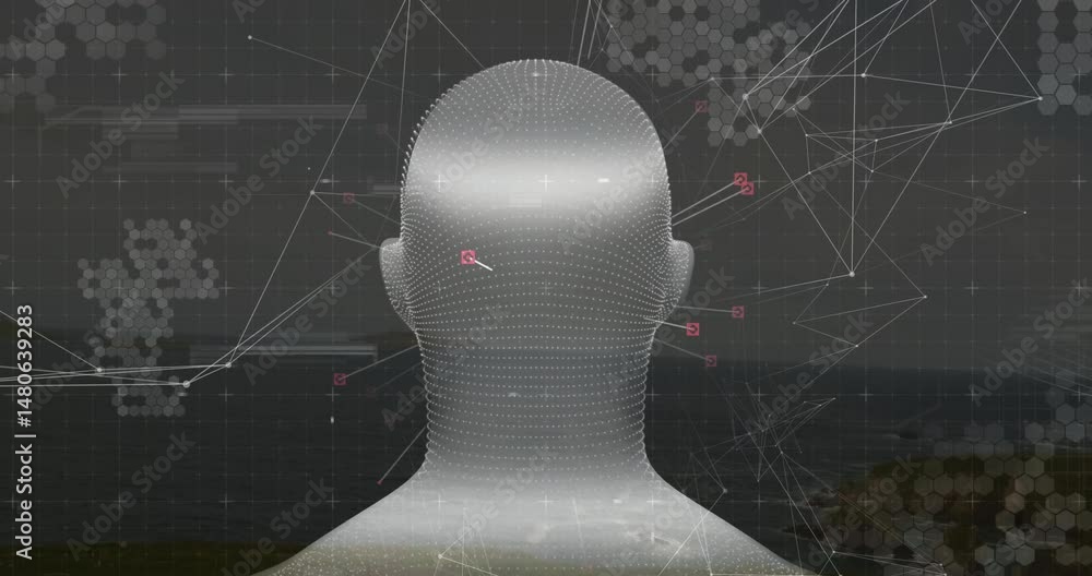 Poster 3d digital head silhouette showing data network overlay with hexagonal patterns and pink markers
