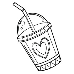 A black and white line drawing shows a cup with a lid and a straw, decorated with a heart.