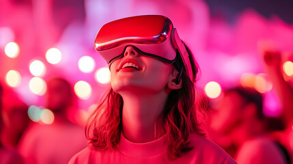 Woman Experiencing Virtual Reality in Pink Neon Lights at Night