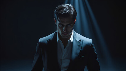 Intense portrait of a mysterious man in a suit under cinematic spotlight, looking straight with piercing eyes — dramatic moody lighting and dark minimalist background