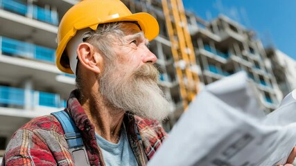 Elderly white male architect or builder wearing hard hat and flannel shirt reading construction blueprint on site with new building framework in background for urban development, architecture, and pro