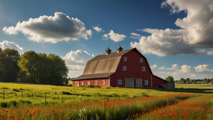 A red barn stands in a field of wildflowers under a blue sky with fluffy white clouds in the countryside